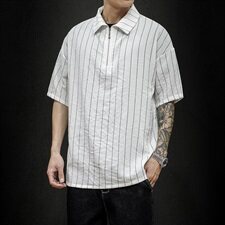 灰墙夏季条纹拉链新款短袖体恤衫潮男宽松大码polo衫T2005-P40，男装Polo衫，电商A177
