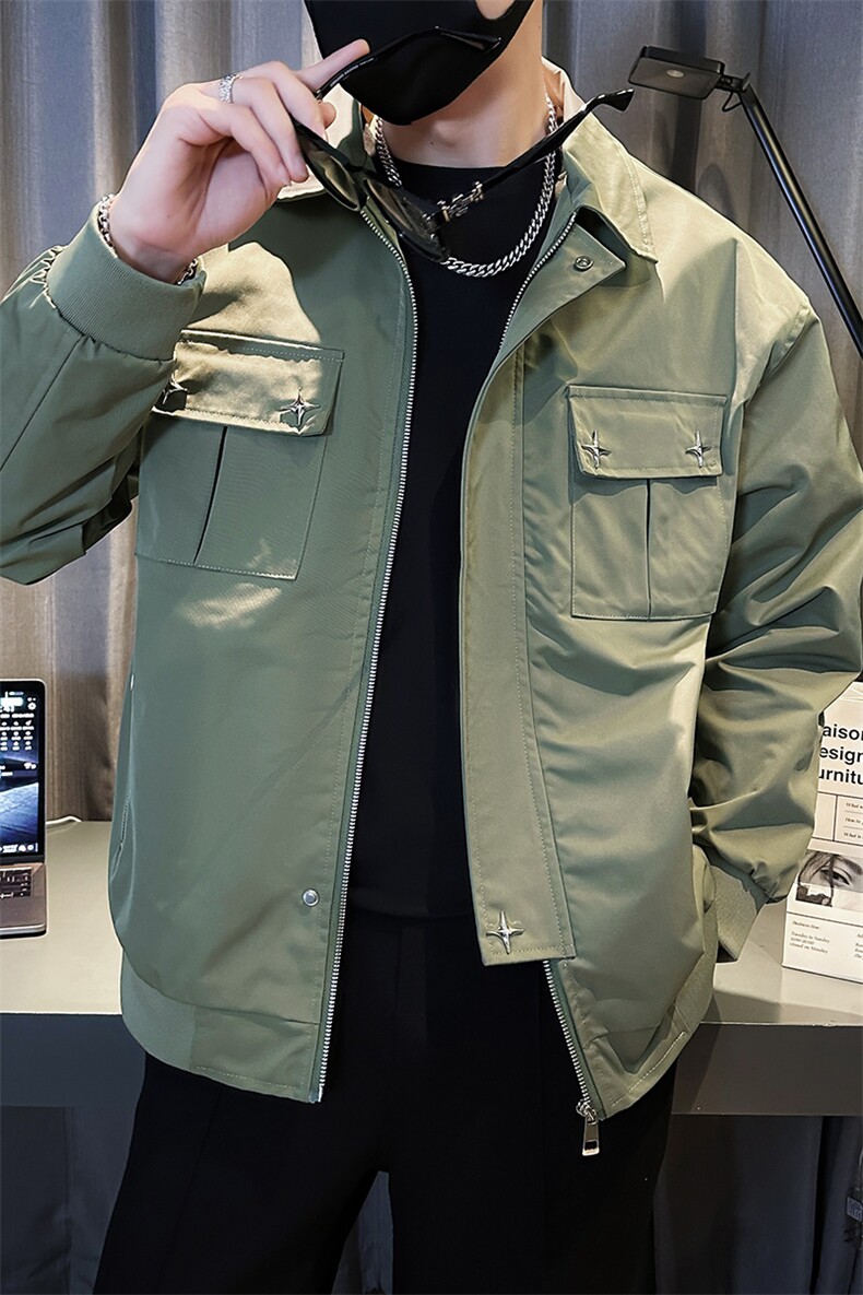 绿色工装外套男休闲痞帅短款上衣春秋季新款潮牌翻领夹克JK10-P95,男装夹克,电商D323（原B261）