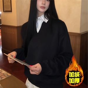 HY04-加绒P50 春秋韩版时髦复古慵懒风假两件叠穿衬衫领加绒卫衣图片