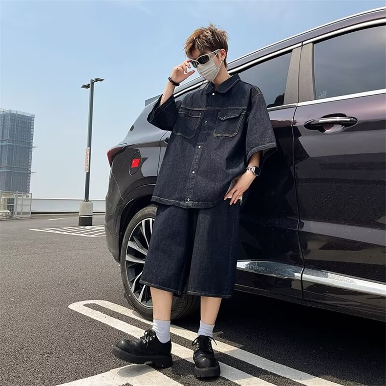 2024牛仔套装美式街头宽松休闲阔腿七分裤两件套TZ21-P103图片
