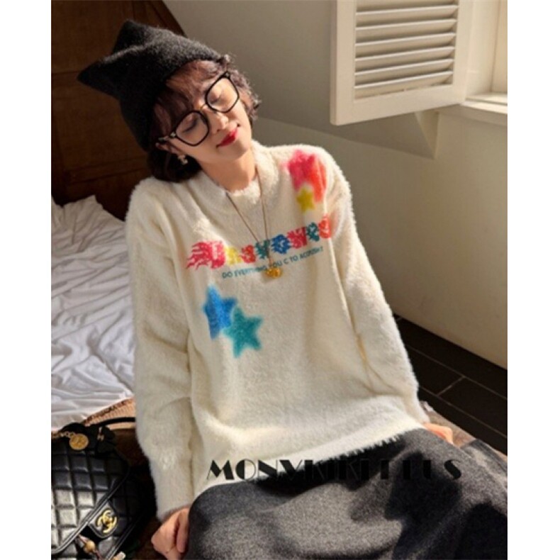 慵懒风涂鸦星星毛衣女秋冬季学院软糯小个子水貂绒上衣 M1105图片