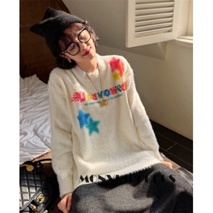 慵懒风涂鸦星星毛衣女秋冬季学院软糯小个子水貂绒上衣 M1105图片