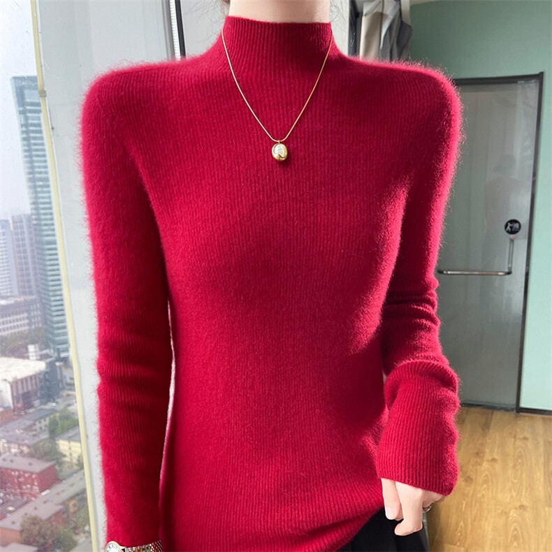 澳洲羊毛衫女套头半高领毛衣抽条修身洋气针织打底内搭,女装羊绒衫,美轩羊绒