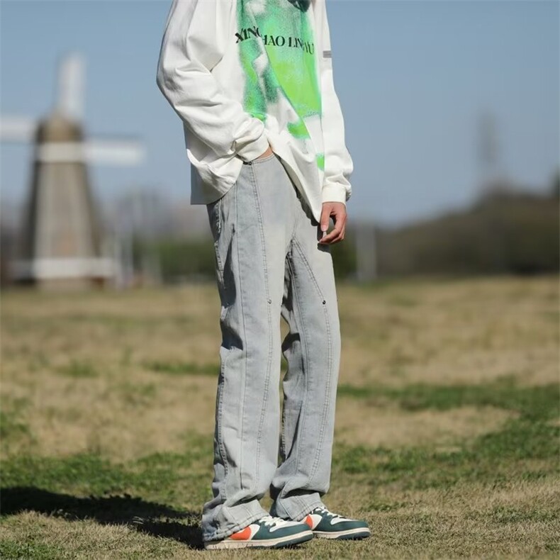 复古毛边拼接牛仔裤男ins直筒高街潮hiphop阔腿长裤K672P43,男装牛仔裤,星座1116-2