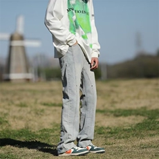 复古毛边拼接牛仔裤男ins直筒高街潮hiphop阔腿长裤K672P43，男装牛仔裤，星座1116-2
