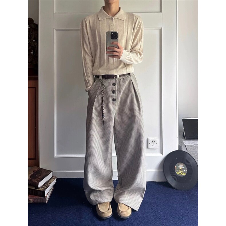 网图有货千鸟格复古打褶排扣a字阔腿老钱休闲西裤男女A1064-P38，男装西裤，星座1505