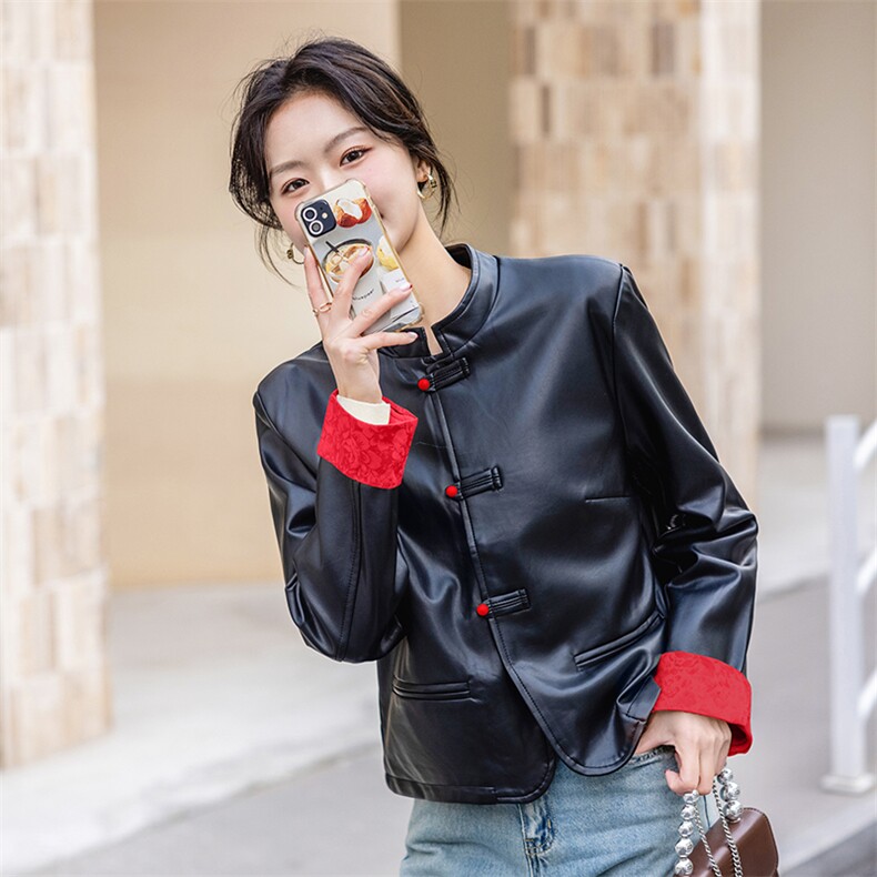 新中式国风盘扣皮衣外套女2025春秋季新款高级感独特超好看皮夹克,女装短外套,美静678