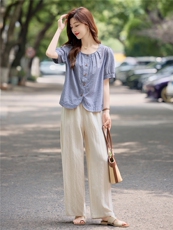 时尚气质休闲套装女2025夏季全棉条纹衬衫上衣阔腿裤显瘦两件套，女装套装/套裙，依万里