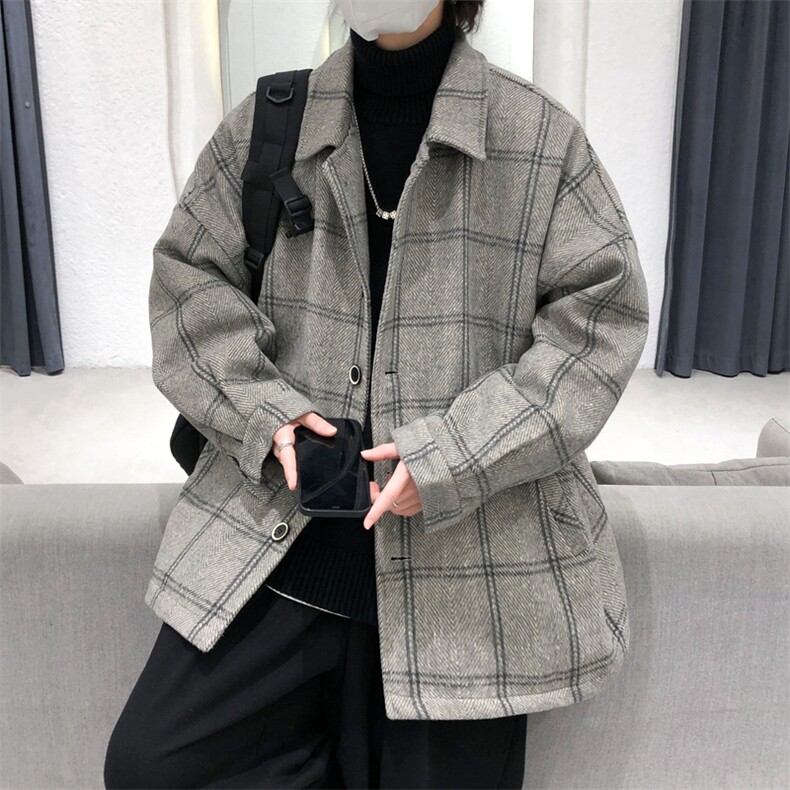 现货呢子外男宽松格子休闲潮流秋季长袖风衣呢料上衣毛呢A509P95,男装风衣,电商A351