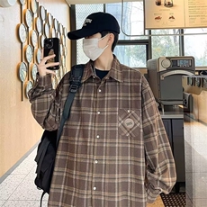 美式复古格子衬衫男女秋季新款长袖衬衣情侣外套ins潮流S51/P42，男装衬衫，星座506