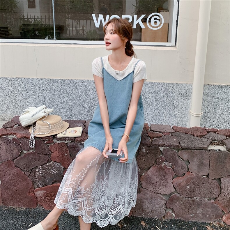 时尚淡人浅蓝色其他甜美清新2025蕾丝拼接女装潮流夏季牛仔吊带裙,女装连衣裙,秋水欣儿