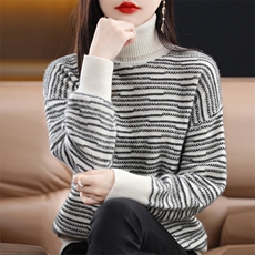 高领宽松立体提花条纹套头2024年秋季简约羊毛衫，女装羊毛衫，丹芙娇羊绒