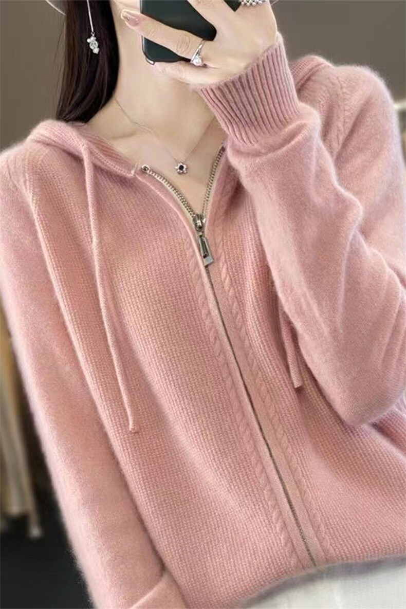 双拉链休闲连帽100纯羊毛开衫女宽松外套春秋绿色针织衫羊绒帽衫,针织衫/毛衣,萱芳婷羊绒