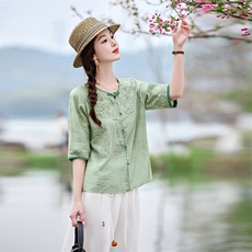 新中式盘扣刺绣套装女2026夏季新款复古气质宽松阔腿裤两件套，女装套装/套裙，魅影