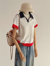 学院风网红时尚套装女夏新款翻领撞色拼接上衣阔腿牛仔长裤两件套，女装套装/套裙，江南