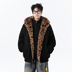 豹纹座山雕麂皮猫耳朵连帽棉服外套加厚棉衣2312P118，男装棉衣，星座506-1