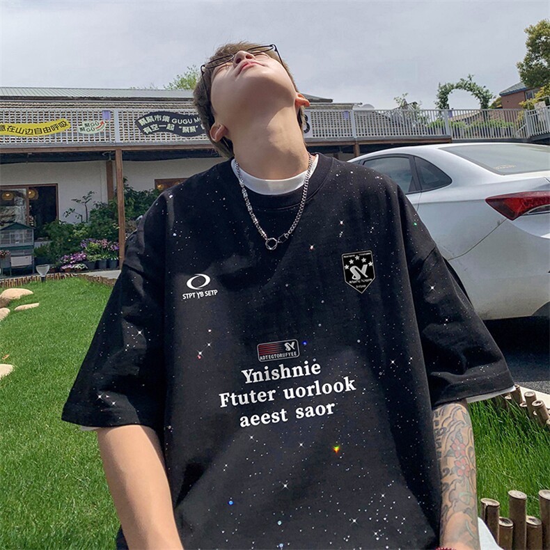 量大优供抖音视频 支持得物配合二开美式满天星亮片短袖T恤MTX276图片