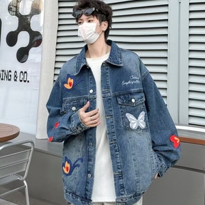 美式复古重工蝴蝶刺绣牛仔外套男女春秋季韩版百搭休闲外套夹克潮图片