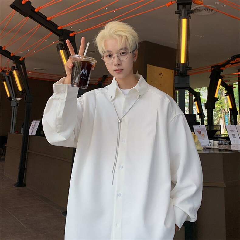 春季项链设计感潮流男士休闲黑色长袖衬衫XZ225-3-CS11-P55控85，男装衬衫，星座225-3