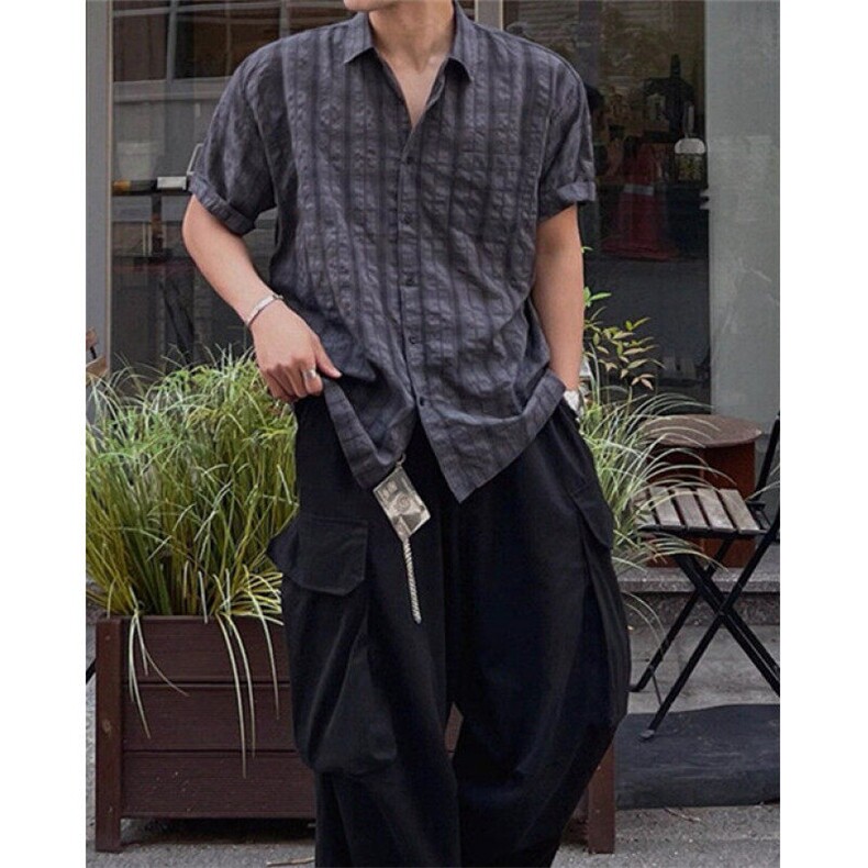 松弛感格子短袖衬衫男女夏季宽松速干翻领半袖衬衣外套CS370,男装衬衫,星座1116A（原606A-3）