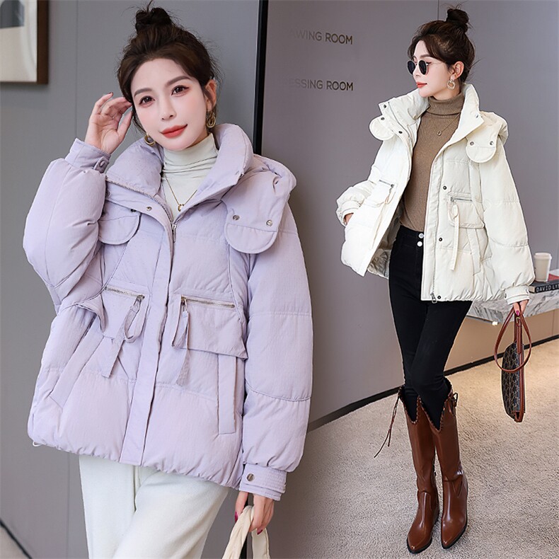 2023新款现货90白鸭绒羽绒服女连帽新款面包服时尚宽松保暖外套，女装羽绒服，火爆靓佳人