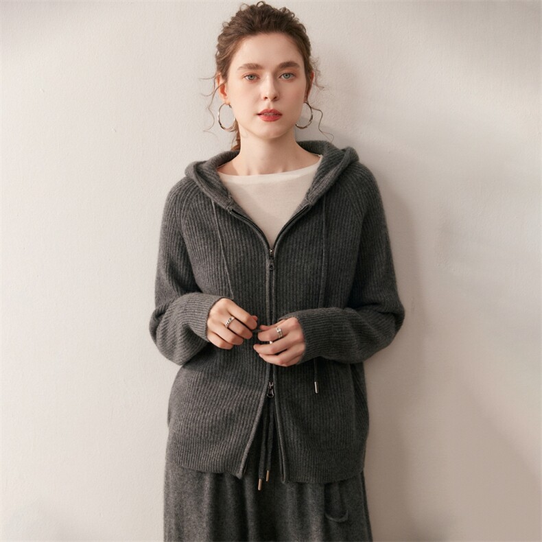 465克~休闲宽松山羊绒开衫女厚毛衣外套2025秋冬连帽拉链针织衫黄,针织衫/毛衣,朵沐纯羊绒