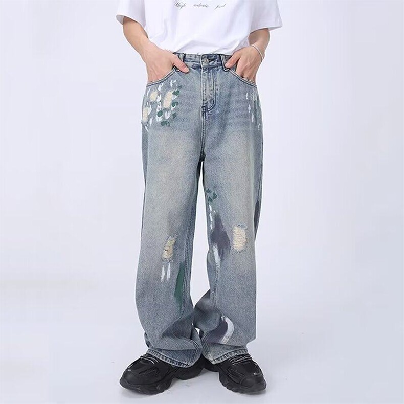 夏季破洞牛仔裤韩版设计感宽松直筒拖地阔腿男女同款LXN144-P45图片