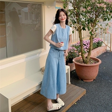 减龄时尚牛仔背心阔腿裤套装女夏ootd穿搭减龄三件套今年流行爆款，女装套装/套裙，2C012