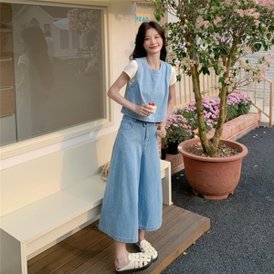 减龄时尚牛仔背心阔腿裤套装女夏ootd穿搭减龄三件套今年流行爆款图片
