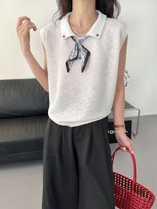 夏季新款简约天丝麻POLO领丝巾无袖女宽松百搭显瘦时尚休闲上衣图片