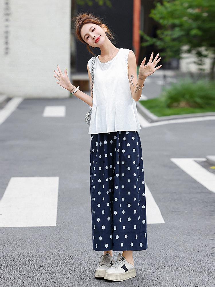 2025夏季法式气质名媛风收腰系带小衫+波点阔腿裤套装女两件套,女装套装/套裙,奕薇雅