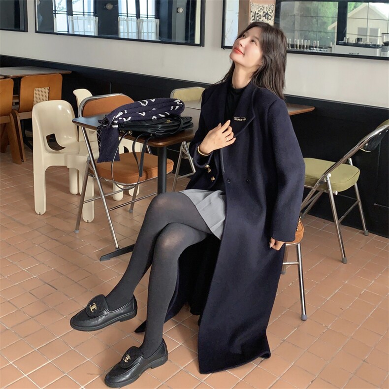 高级感藏青色毛呢外套女2025秋冬季新款韩版加厚显瘦气质呢子大衣,女装毛呢外套,2C116