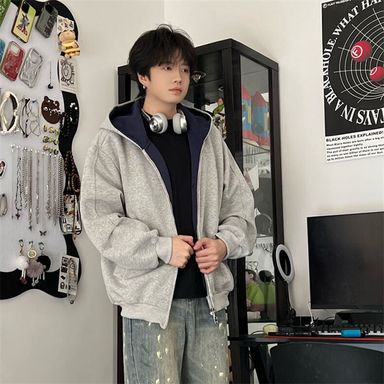 抖音得物高品质二开26春装美式重磅宽松结构双面连帽卫衣外套W68,女装短外套,电商A486-1