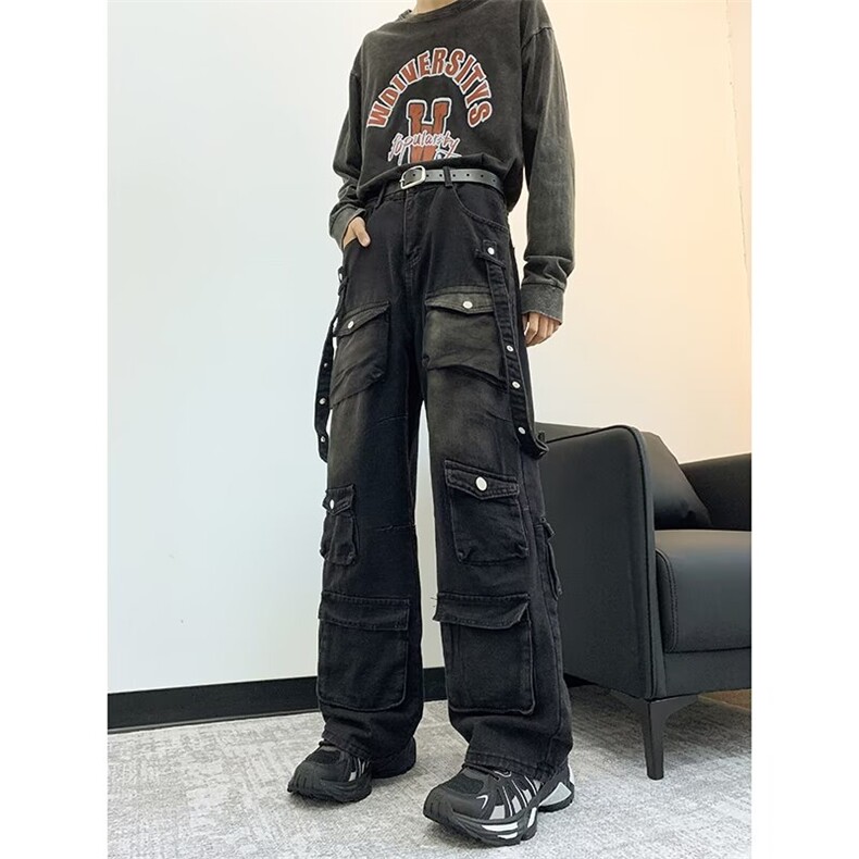 大码多口袋复古阔腿牛仔裤男女秋季新款宽松街头嘻哈裤潮B15/P74，男装牛仔裤，星座506