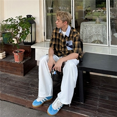 CS29-P45现货男女格子短袖衬衫外套休闲黄色格子衬衣，男装T恤，电商B327