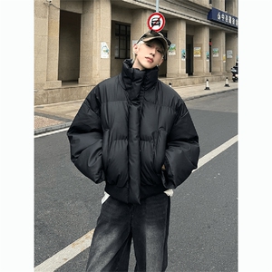 现货5W件冬季三防重磅硬挺boxy短款羽绒立领PU皮棉衣外套加厚棉服图片