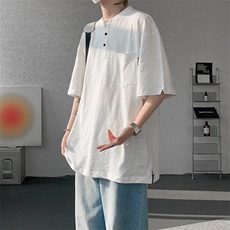 8XL-M亨利领亚麻短袖t恤男弹力大码宽松半袖开衩设计体恤DT002P45，男装T恤，电商B312