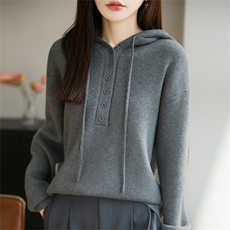2026年秋季时尚百搭通勤简约休闲单排扣连帽针织衫套衫，女装针织衫/毛衣，郡淞羊绒