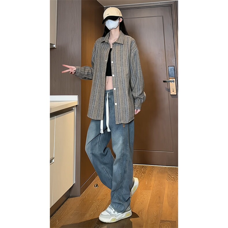 2024春季新款女模内景大码帅气条纹衬衫M-5XHC24076-P60,男装衬衫,电商A022