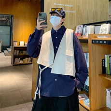 日系复古假两件工装马甲长袖衬衫男女ins风情侣衬衣秋W1604-P45，男装衬衫，星座512-2
