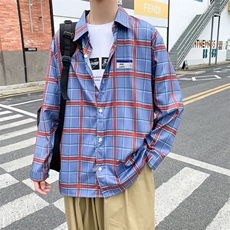 格子衬衫男ins百搭港风秋季休闲长袖衬衣宽松薄款外套W1094-P30，男装衬衫，星座512-2