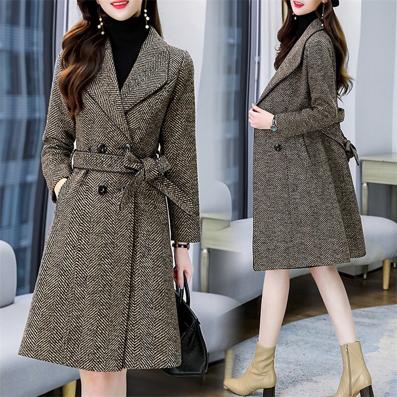 格子毛呢外套女装2025新款春秋冬气质显瘦收腰加厚中长款呢子大衣，女装毛呢外套，罗腾