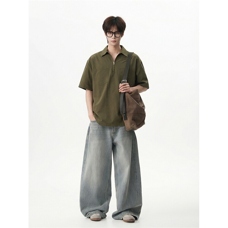 简约半拉链POLO短袖宽松双口袋工装设计感百搭上衣HY298TP45控68,男装T恤,电商A102B