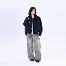 F225-P67美式复古小刺绣黑色夹克女cleanfit设计感宽松外套，男装夹克，电商B323A