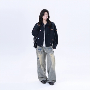 F225-P67 美式复古小刺绣黑色夹克女cleanfit设计感宽松外套图片
