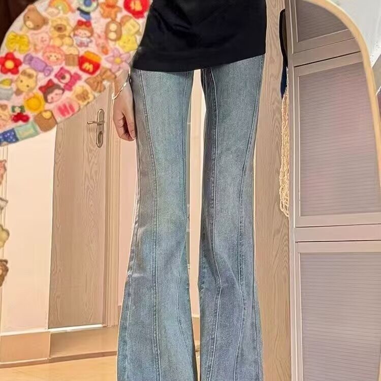 双扣拼接小众设计感修身牛仔裤女怀旧复古马蹄高腰微喇叭长裤子潮,男装牛仔裤,星座1210-1