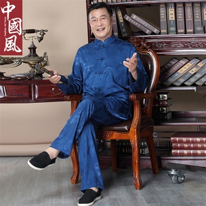 风中老年唐装男士春夏款大龙长袖套装丝绸衬衫图片