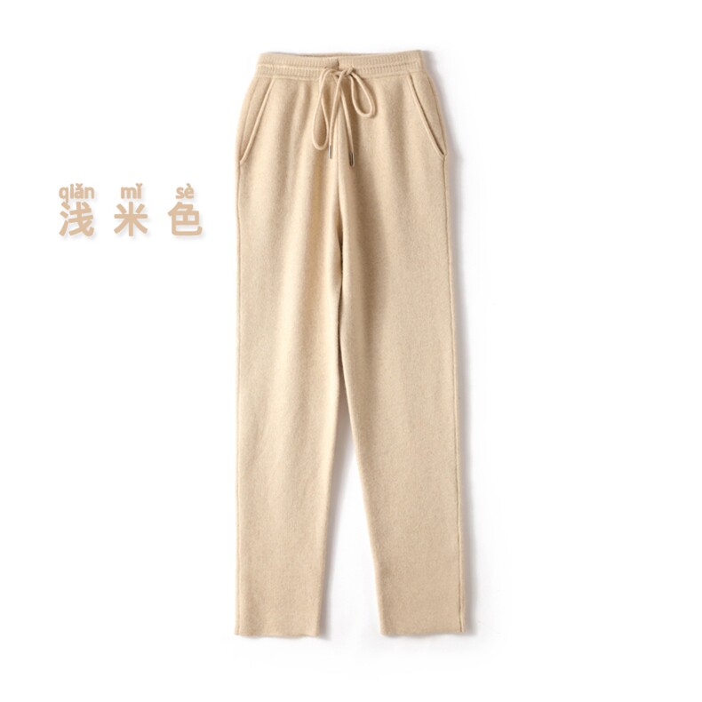 新款女装羊绒休闲裤秋冬保暖高腰显瘦小脚裤浅米色四平针织长裤图片
