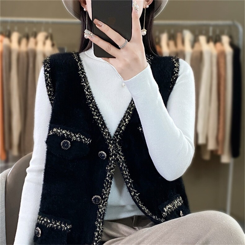 时尚女装水貂绒马甲外套优雅显瘦无袖背心冬季保暖百搭单品,女装马甲,暖姿羊绒