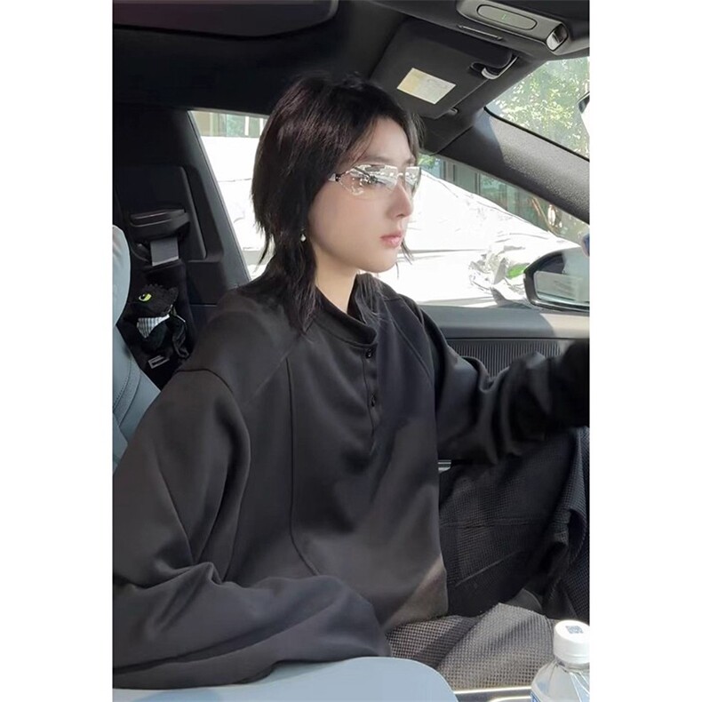 抖音得物品质美式高街重磅曼巴棉拼接cleanfit亨利领卫衣长袖T恤,男装T恤,电商A486-1